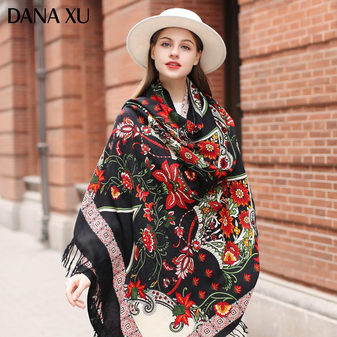DANA XU - Sciarpa pashmina in 100% lana merino, da donna, 244 x 109 cm, oversize, in cashmere, con nappe, mantella da viaggio con motivo floreale, 96*43 INCHES