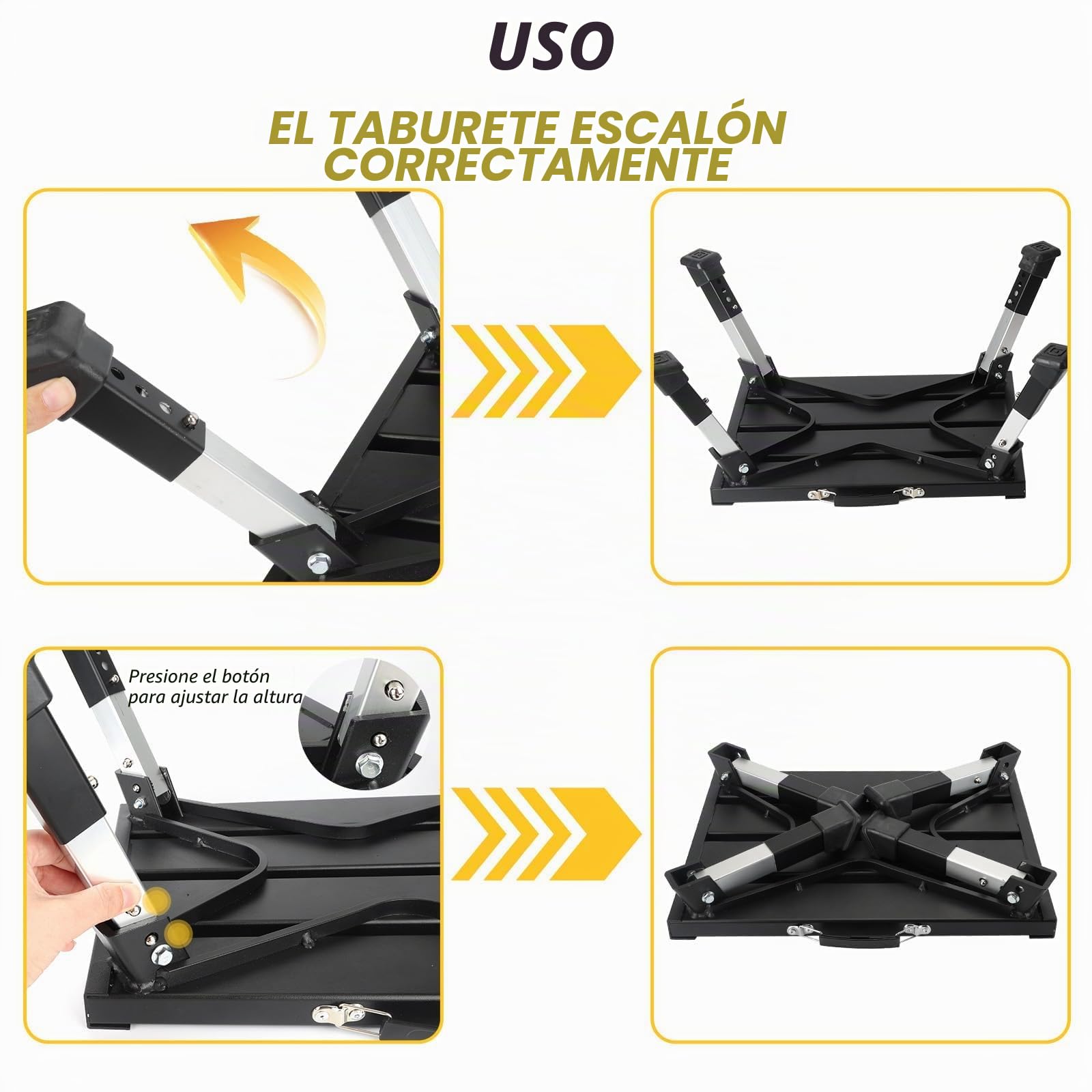 Taburete Plegable de Aluminio para Cocina, Baño, 42x30x3cm | Taburete Plegable con Alfombrilla Antideslizante, Altura Ajustable en 4 Niveles, Capacidad de Carga máxima de 250 kg Cam