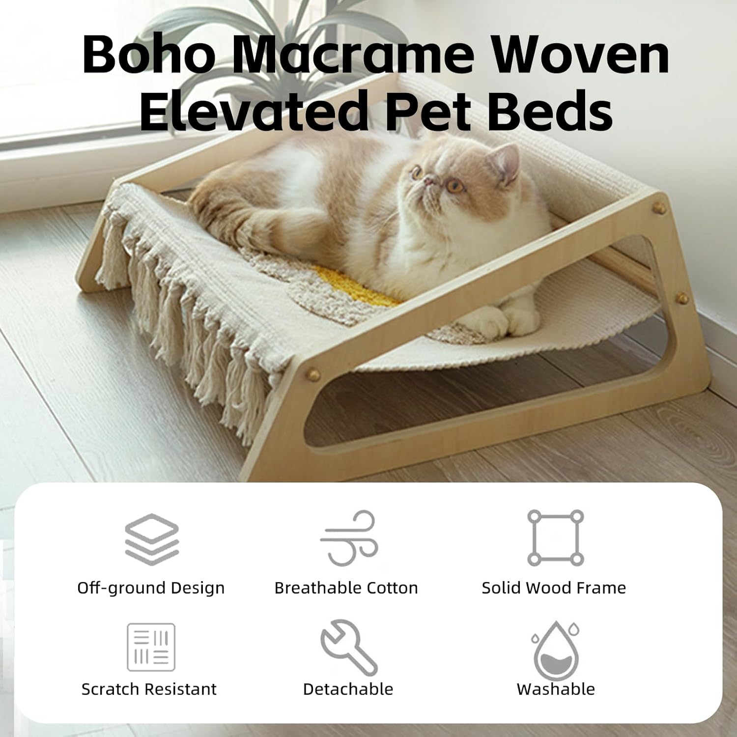 review MANON ROSA Cat Bed Wooden Sofa Cat Hammock, Elevated Boho Macrame Woven Pet Beds, Detachable & Washable & Cozy Couch for Kitten and Small Dogs