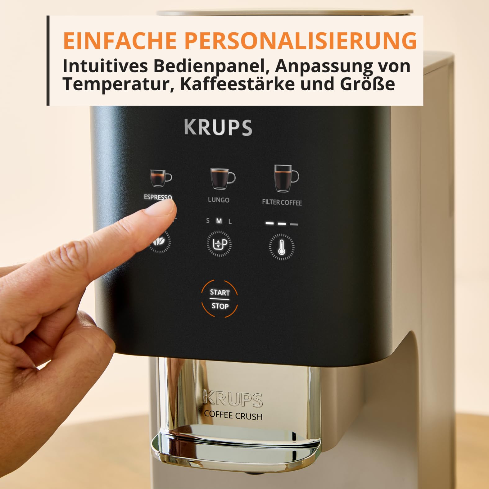 Krups Coffee Crush Extra Kaffeevollautomat, Edelstahlmühle, 15 cm breit, smartes Bedienfeld, Beige