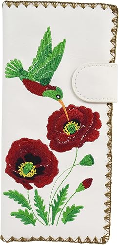 Skelapparel Cartera plana grande de piel sintética bordada con diseño de colibrí y amapola, Blanco, Cartera
