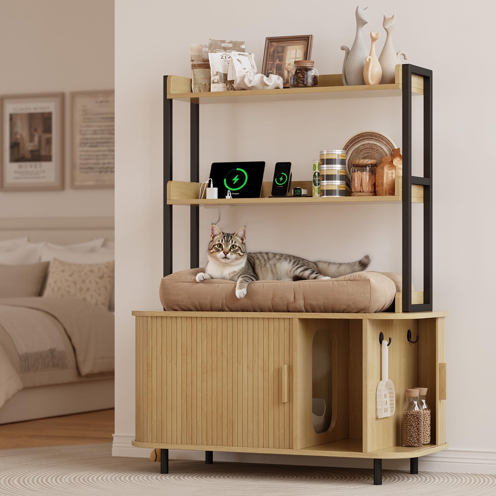 ONBRILL 54 Inch Hidden Litter Box Furniture with Shelves and Outlets,Oak