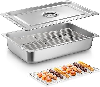 Blulu 3 Pack Stainless Steel Steam Roasting Pan Table Pan Set with Rack Lid(Tray), Healthy Full Size Food Container with Mini Cooling Grid Rack Supplies for Restaurant BBQ Turkey Buffet Party