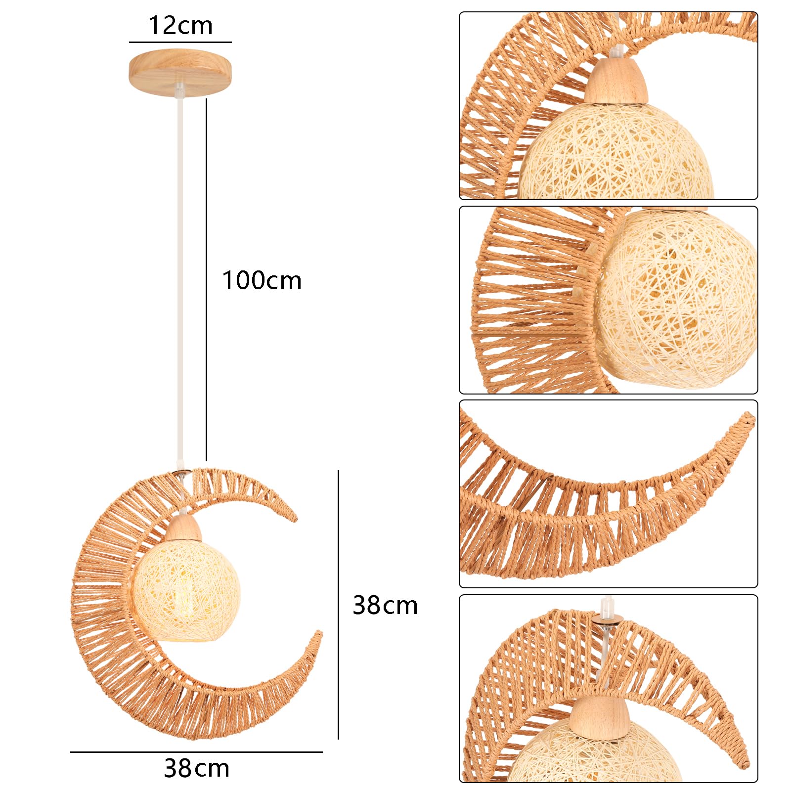 Lampa wisząca, rattanowa, księżyc, E27, papierowy sznurek, abażur, lampa wisząca w stylu vintage, boho, lampa sufitowa do sypialni, salonu, kuchni, kawiarni