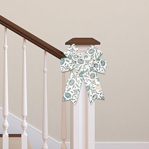 Miniatura 6 de AnyDesign Cinta de otoño con borde con alambre, 24 yardas, hojas de eucalipto de calabaza azul, cinta de tela para manualidades, cinta decorativa