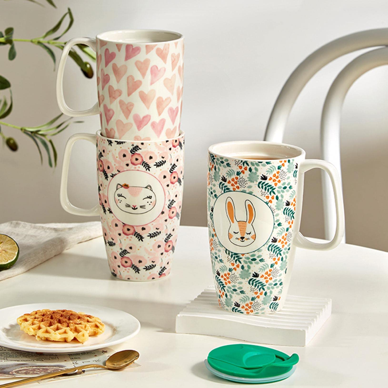 Ceramiczny kubek duży kubek do kawy, wysoki kubek podróżny, porcelana, filiżanka do herbaty latte, filiżanka z pokrywką 20 oz – piękny wybór na prezent ślubny lub prezent walentynkowy, zielony, 600 ml