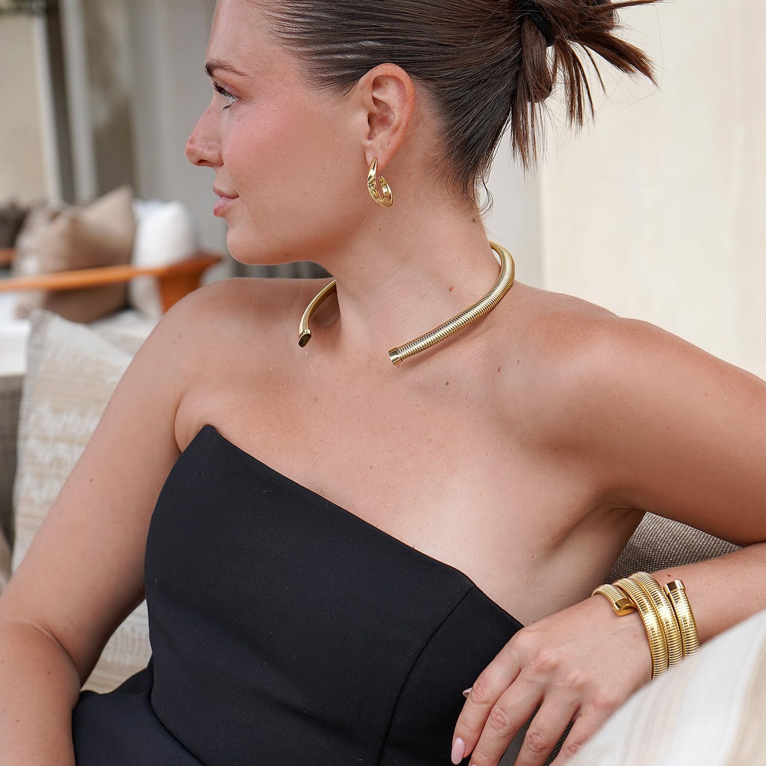 CIUNOFOR 14K Gold Plated Braclets for Women, Silver Layered Herringbone Stretch Bracelet, Stackable Chunky Snake Chain Bangle for Her Gifts, Fit 6.5”–7.5” Wrists - Image 5