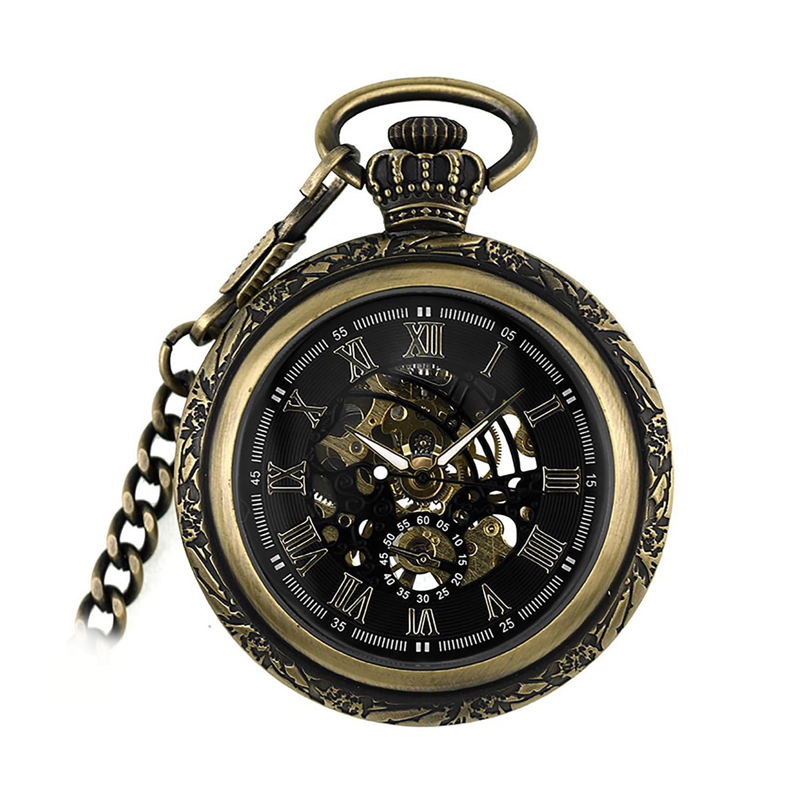 Men's Mechanical Skeleton Pocket Watch Roman Numerals Dial Steampunk Hand-Wind Pocket Watch with Chain Gift Box-image-9