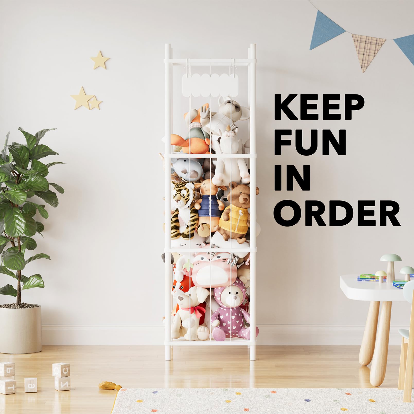 SpaceAid Organizer per animali di peluche, in legno, per giocattoli dello zoo, grande capacità, per l'organizzazione della stanza dei giochi, larghezza 40 cm, bianco