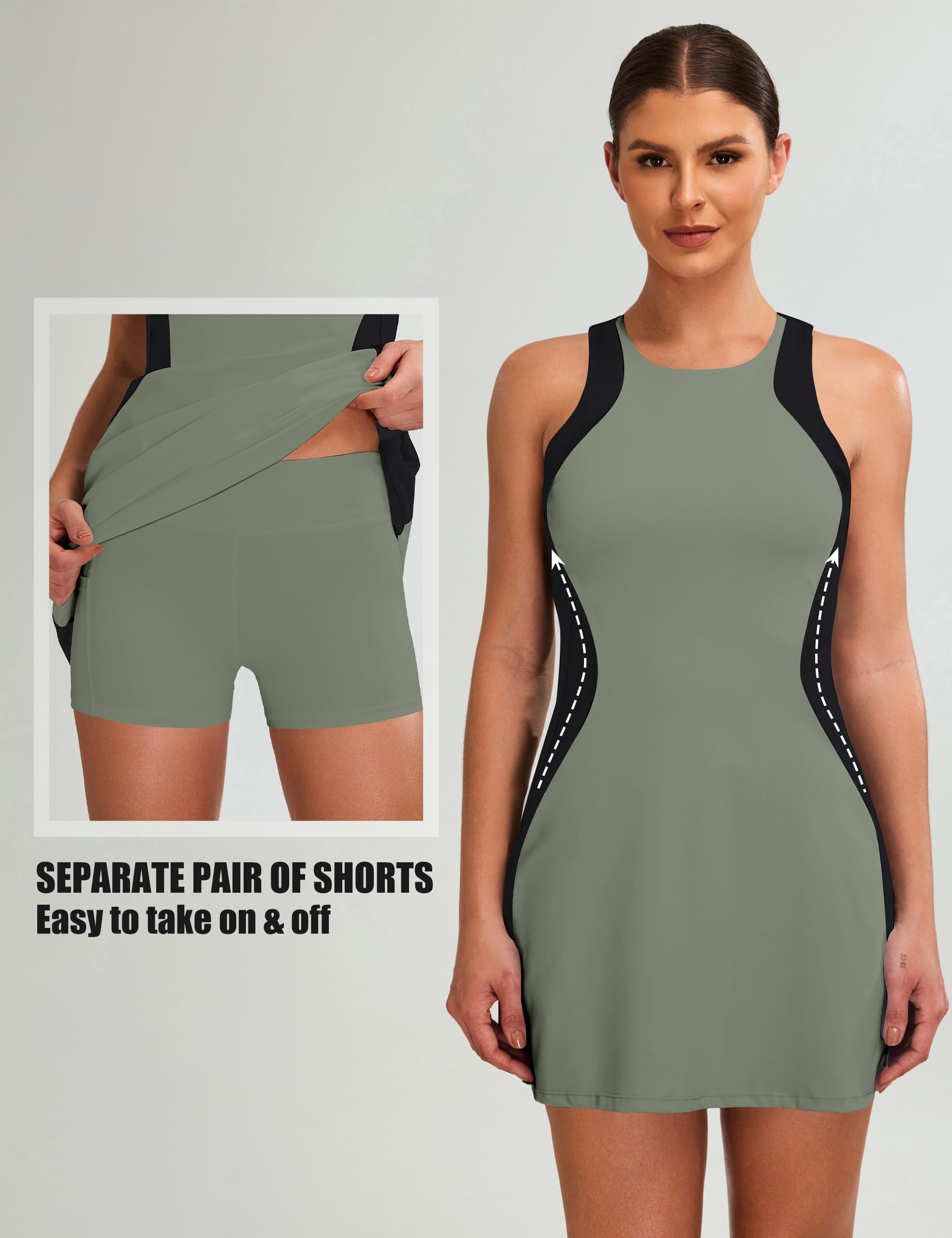 Blooming Jelly Womens Tennis Dress A Line Casual Workout Skirt Racerback Golf Clothes Color Block Outfit with Built in Bra (L, Green)