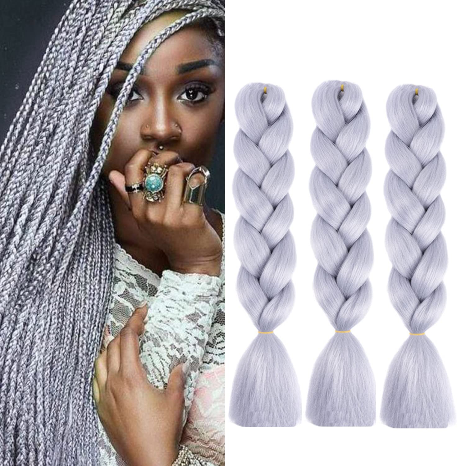 Eugenia Grey Jumbo Braiding Hair Synthetic Ombre braiding Hair Kanekalon Braiding High Temperature Fiber Crochet Twist Braids (3Pcs/Lot, Silver Grey)