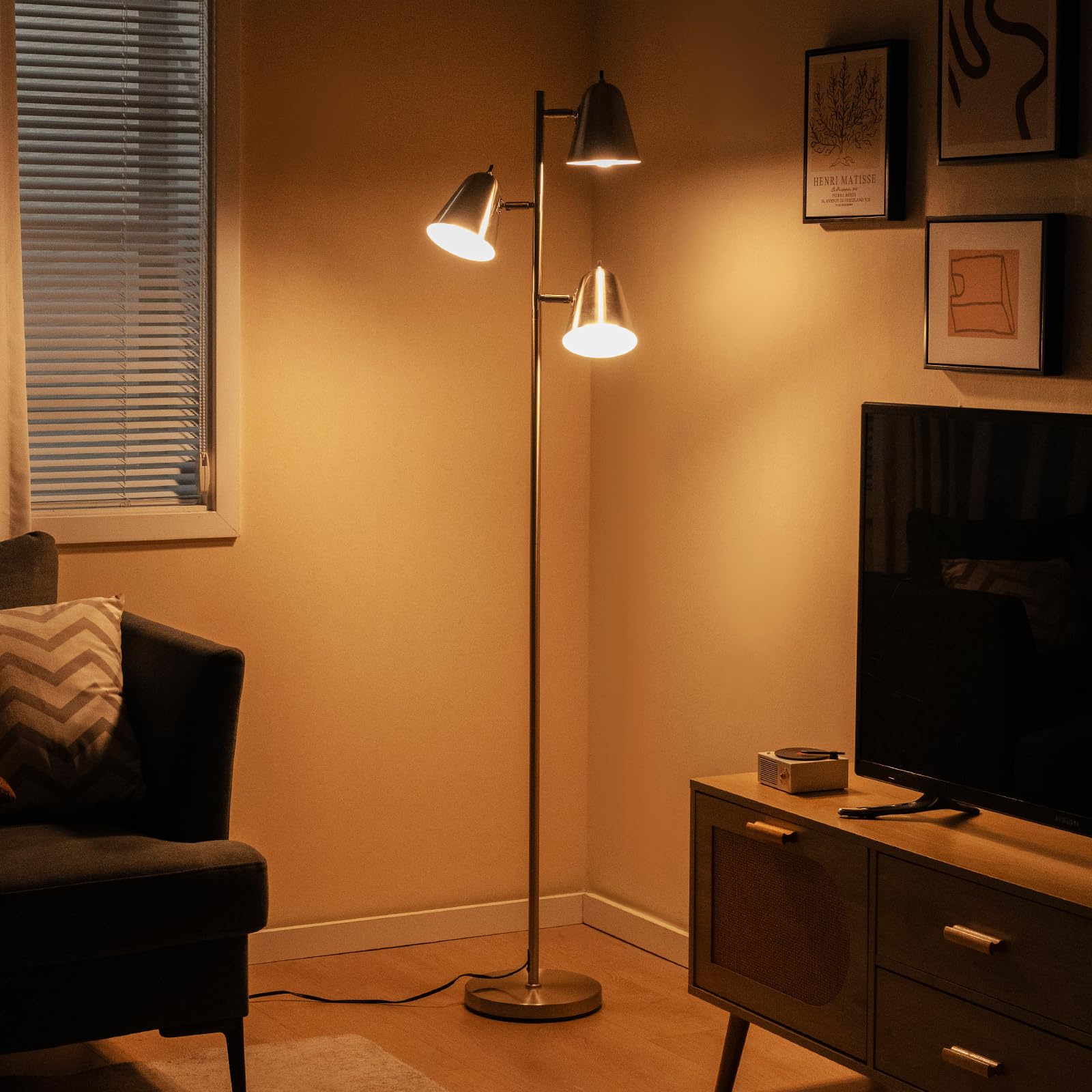 COSTWAY 163cm Stehlampe 3 flammige, Stehleuchte mit 3 E27 Glühbirnen & 360° verstellbaren Lampenschirmen & schwerer Fuß, Lesestehlampe für Wohnzimmer, Schlafzimmer, Büro (Silber)