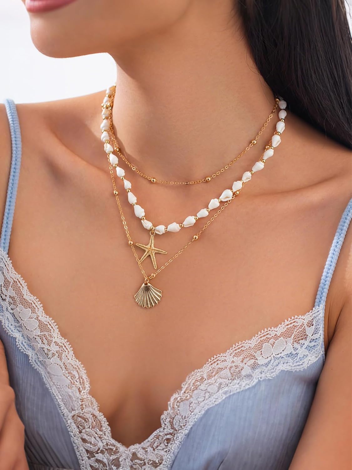 Seashell Charm Necklace for Women Stackable Starfish Necklace Fashion Boho Adjustable Necklace Dainty Layered Pendant Conch Shell Summer Beads Beach Vacation Essentials Ocean Jewelry Gifts - Image 4