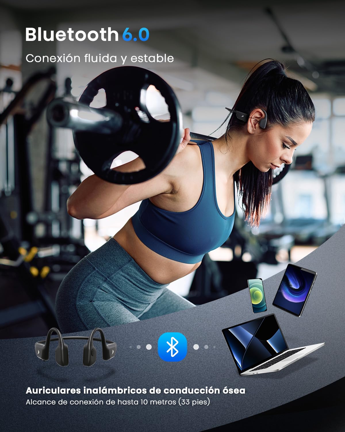 Auriculares de conducción ósea Bluetooth 6.0 — Auriculares deportivos inalámbricos de oído abierto. Resistencia al agua y al sudor IPX7; 2 horas de carga para. Ideales para ciclismo y running