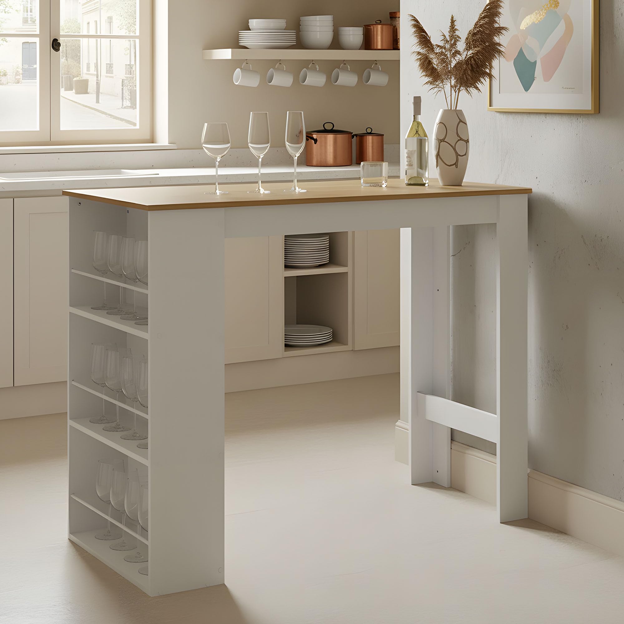 buybyroom Table de Bar avec Rangement, Table de Bar pour Cuisine, comptoir de Bar pour Bar, Cuisine, Salon, Salle à Manger, 112 × 57 × 106 cm, Blanc et chêne Clair