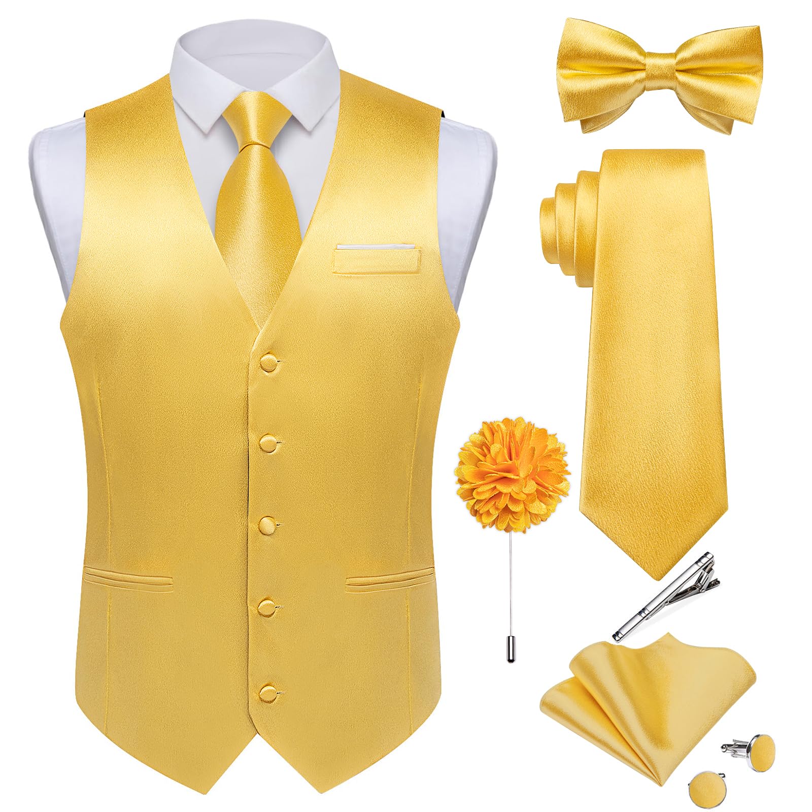 DiBanGu Mens Satin Suit Vest and Tie Set 8PCS Solid Waistcoat and Bowtie with Lapel Pin for Tuxedo Dress Vest Wedding Formal