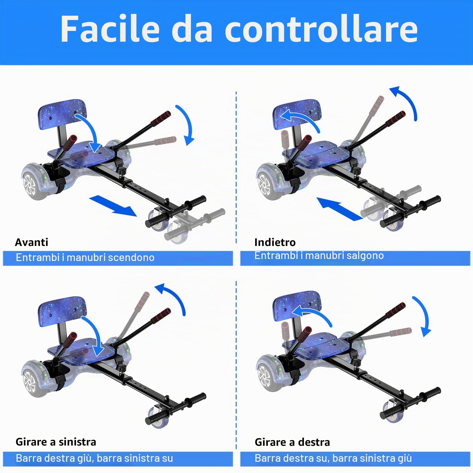 Hoverboard con sedile, Hoverboard autobilanciante da 6,5 ​​pollici con altoparlanti Bluetooth e luci a LED per bambini, ragazze e ragazzi (Go-Kart incluso)
