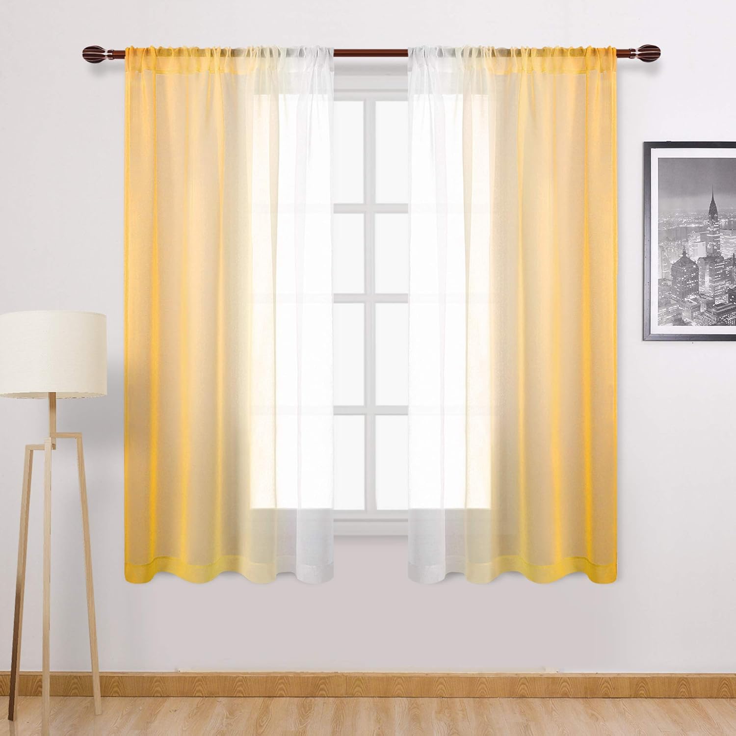 DWCN Yellow Ombre Sheer Curtains Faux Linen Gradient Semi