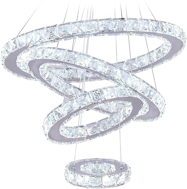 LED Chandeliers Modern Crystal Chandelier Dining Room Living Room LED Ceiling Pendant Light 4 Rings Adjustable Stainless Steel Contemporary Chandeliers (Cool White)