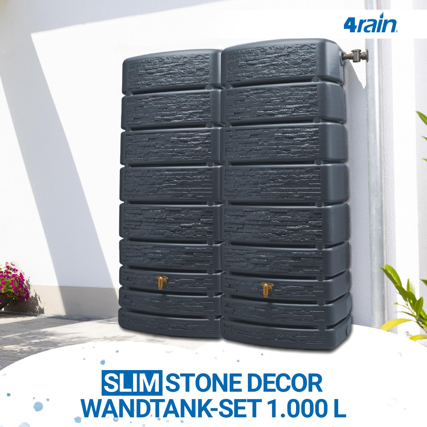 4rain Slim Stone Decor Regentonne Set 1000 Liter Graphitgrau – 2X Regenfass/Wassertank 500 Liter mit Verbinder + Hahn – Frostsicherer Regenwassertank/Regenwassertonne - Wassertonne für Garten