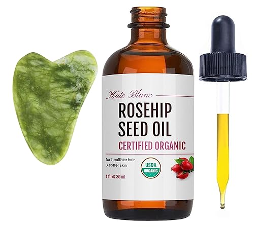 Kate Blanc Cosmetics Aceite de rosa mosqueta para cara y piel con kit de piedra Gua Sha (1 onza) Aceite de semilla de rosa mosqueta orgánico USDA