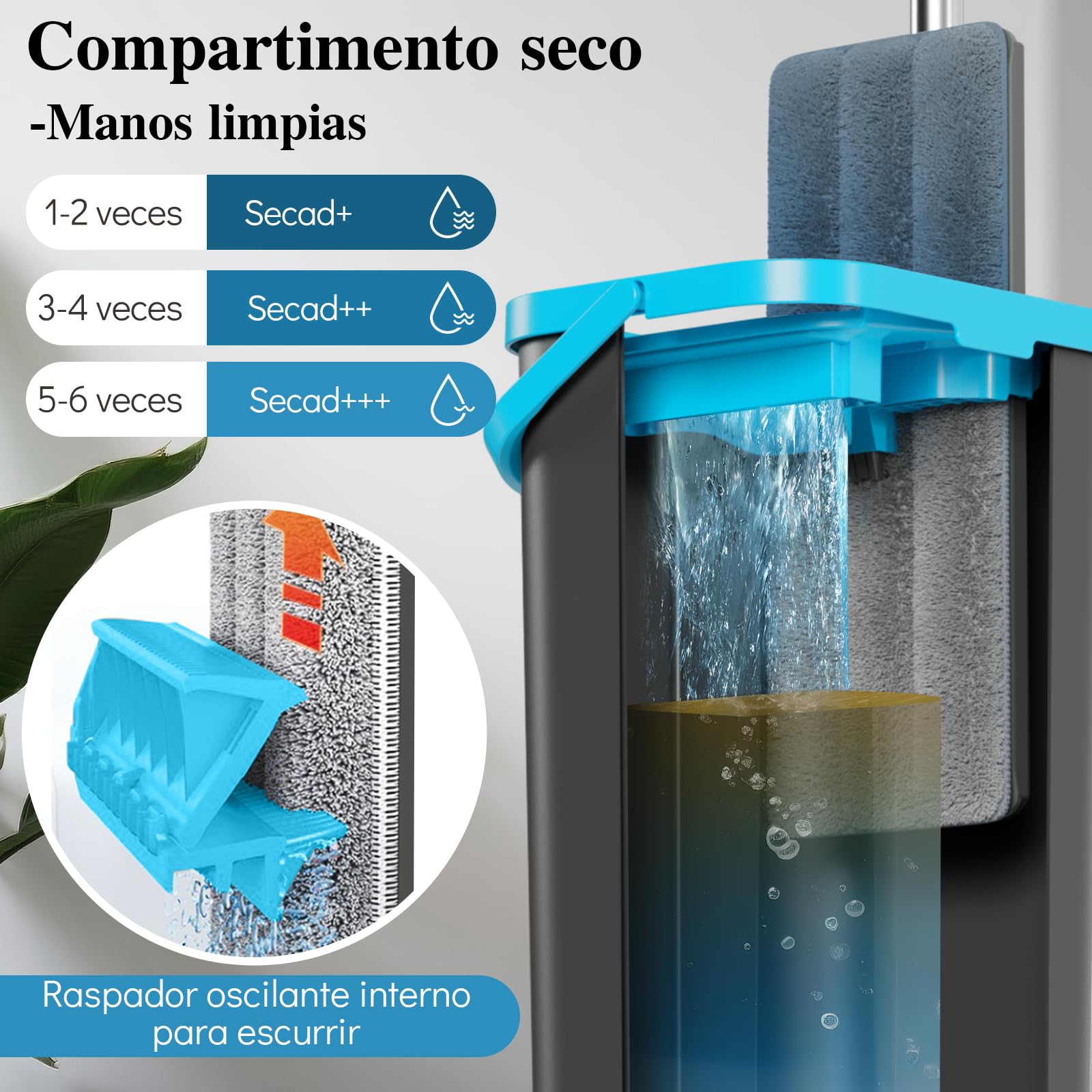 MASTERTOP Mopa Fregona y Cubo Escurridor para Limpieza Suelos Mopa Plana Microfibra con Cubo Dos Compartimentos y 4 Almohadillas Reutilizables para Madera Parquet Azulejo (Gris Oscuro)