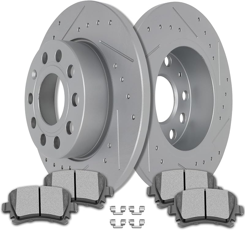 Kit de freios traseiros SCITOO com discos perfurados e ranhurados e pastilhas cerâmicas para Audi A3, Volkswagen Jetta e Rabbit – 6 peças