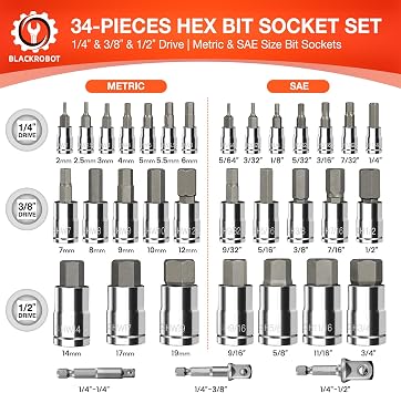 34-Pieces Hex Bit Socket Set, BLACKROBOT 1/4 3/8 1/2 Drive SAE & Metric Size Allen Socket Set with Socket Adapters and Portable Storage Case, S2 Alloy Steel