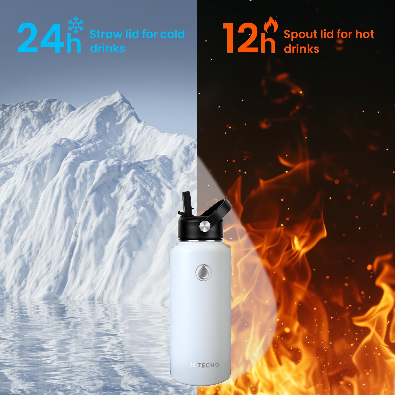 OcTecho Metal Water Bottle with Straw, 950ml Stainless Steel Water Bottle 2 Leakproof Lids - Image 3