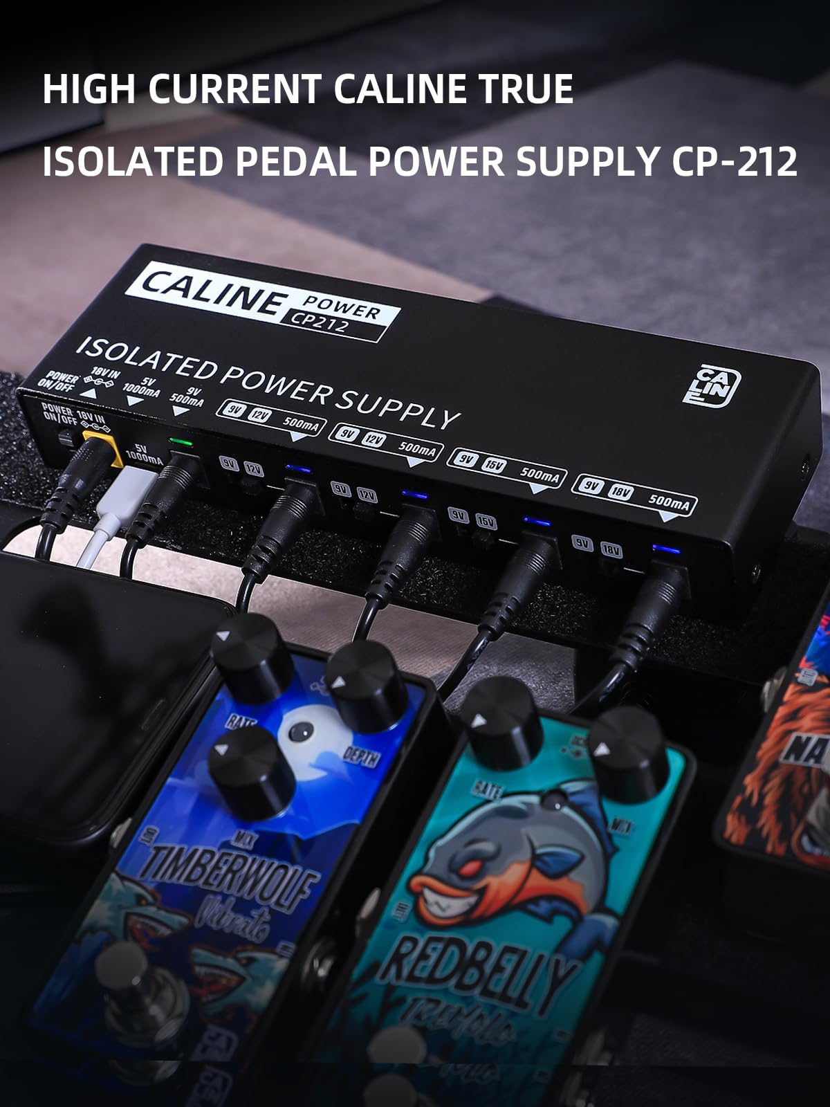 Caline True Isolated Pedal Power Supply CP-212, commutabile 9 V/12 V/15 V/18 V per chitarra a pedale, mini alimentazione a pedale da 500 mA con uscita di tipo C e catena a margherita a 4 vie