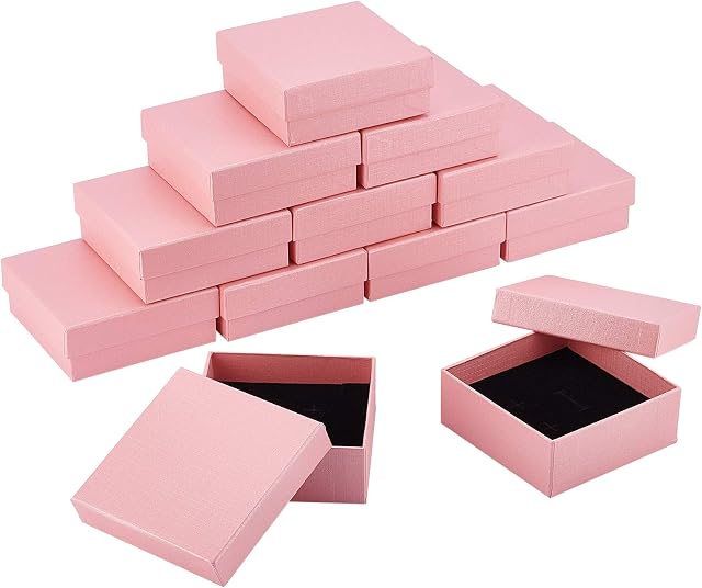 BENECREAT Pack of 12 Cardboard Gift Boxes for Jewellery 8 x 5 x 3 cm Pink Square Packaging Box with Lid and Sponge Cushion Insert for Necklace, Ring, Bracelet, Jewellery Presentation