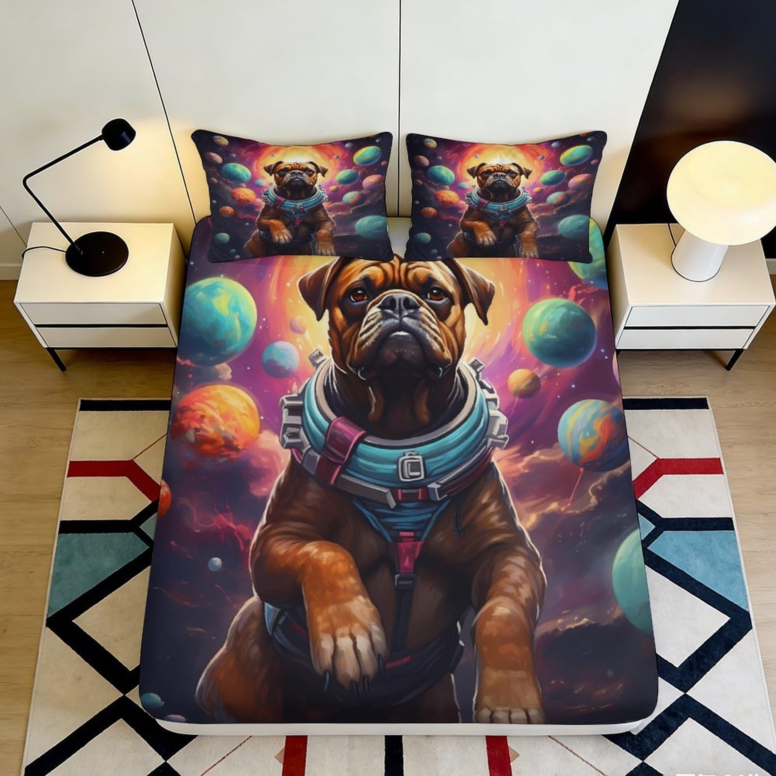 Jqzkxnhpbr Style-7 3D Printed Space Dog Fitted Sheet Microfiber Soft Breathable Planet Universe Bed Cover For Bedroom Dorm Apartment Decor 90X200x25cm