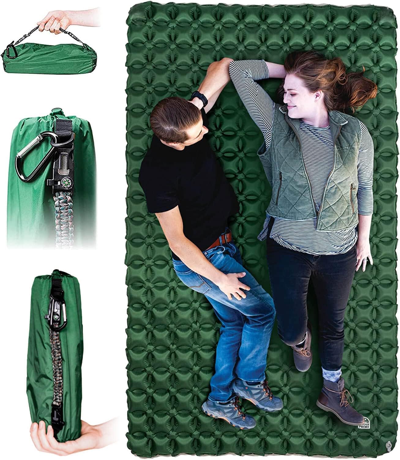 InYourPrime Ultralight Double Sleeping Pad - Made in USA w/Multi-use Pump, Paracord, Carabiner & Carry Bag - Quick Inflatable Wide 2 Person Mat pad for Camping Backpacking Hiking air Mattress