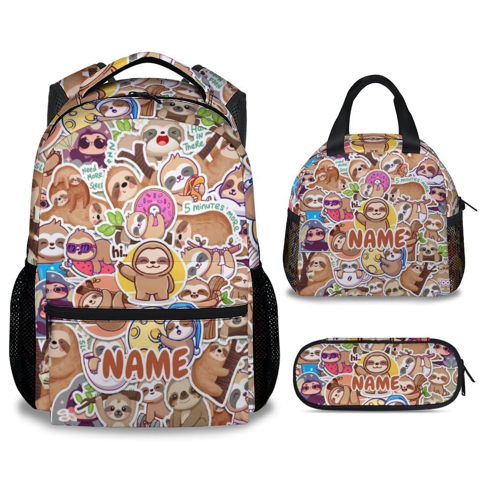 FLEXIMX Custom Sloth Backpack with Lunch Box, Set of 3 School Backpacks Matching Combo, Cute Bookbag and Pencil Case Bundle