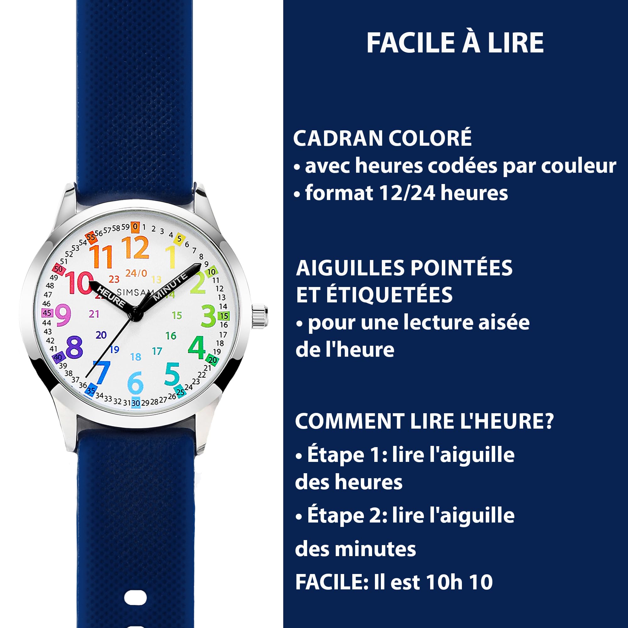 SIMSAM Montre Enfant Garcon, Montre Enfant Fille 4, 5, 6, 7, 8, 9, 10, 11, 12 Ans, Montres Garçons Fille Pédagogique, Analogique