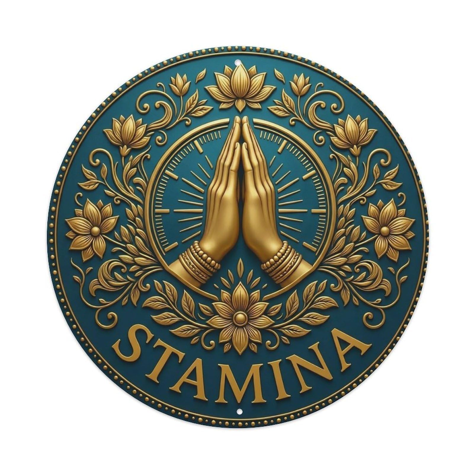 Vintage Namaste Praying Hands Stamina Flower Zen Yoga Metal Tin Sign