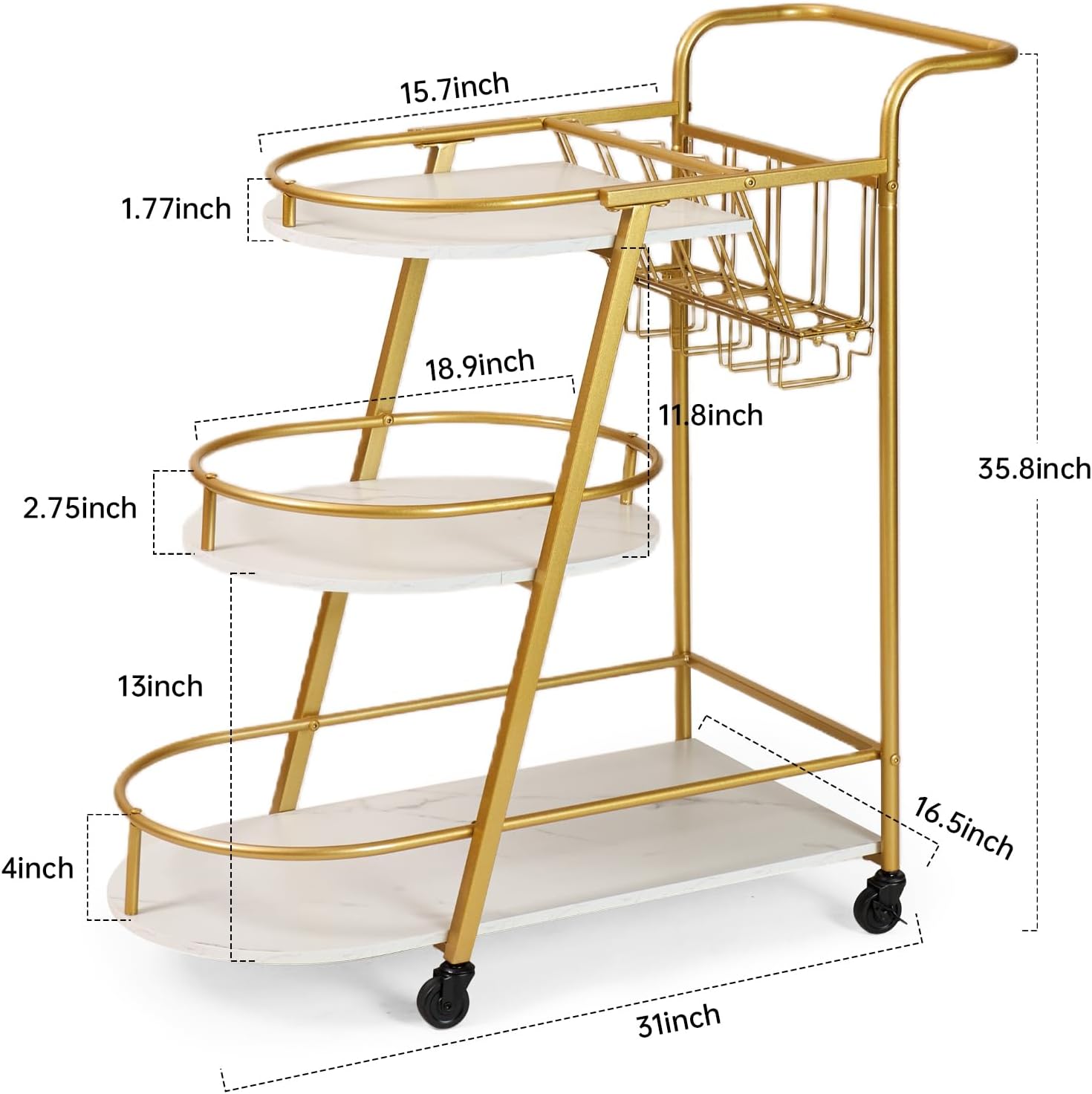 バーカート ゴールド、ホームバーサービングカート、3段ローリングドリンクカート、ワインラック&amp;脚付きグラスホルダー付き、静か