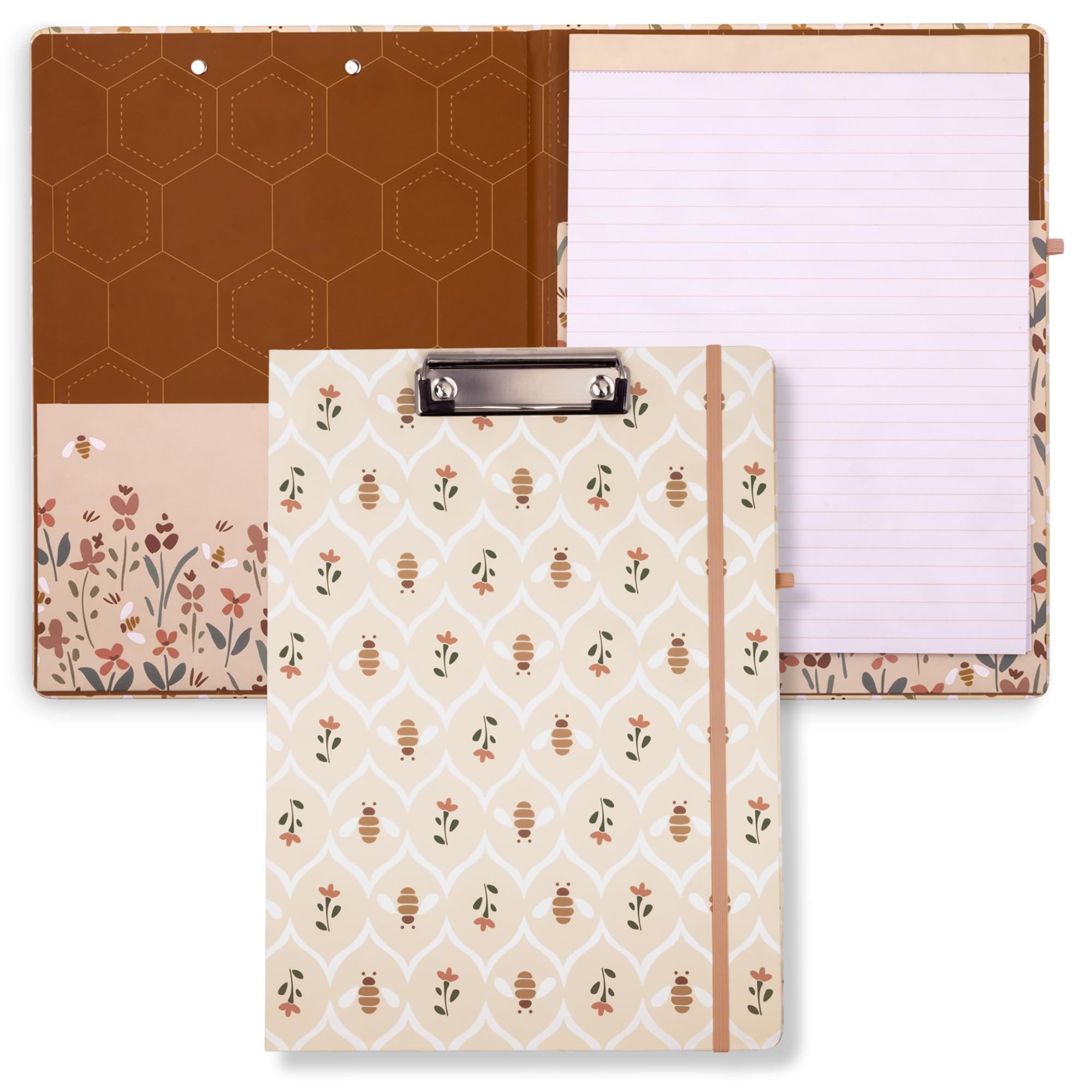 Steel Mill & Co Cute Clipboard Folio with Refillable Lined Notepad and Interior Storage Pocket, Padfolio for Work/Nursing/Teachers, Bees