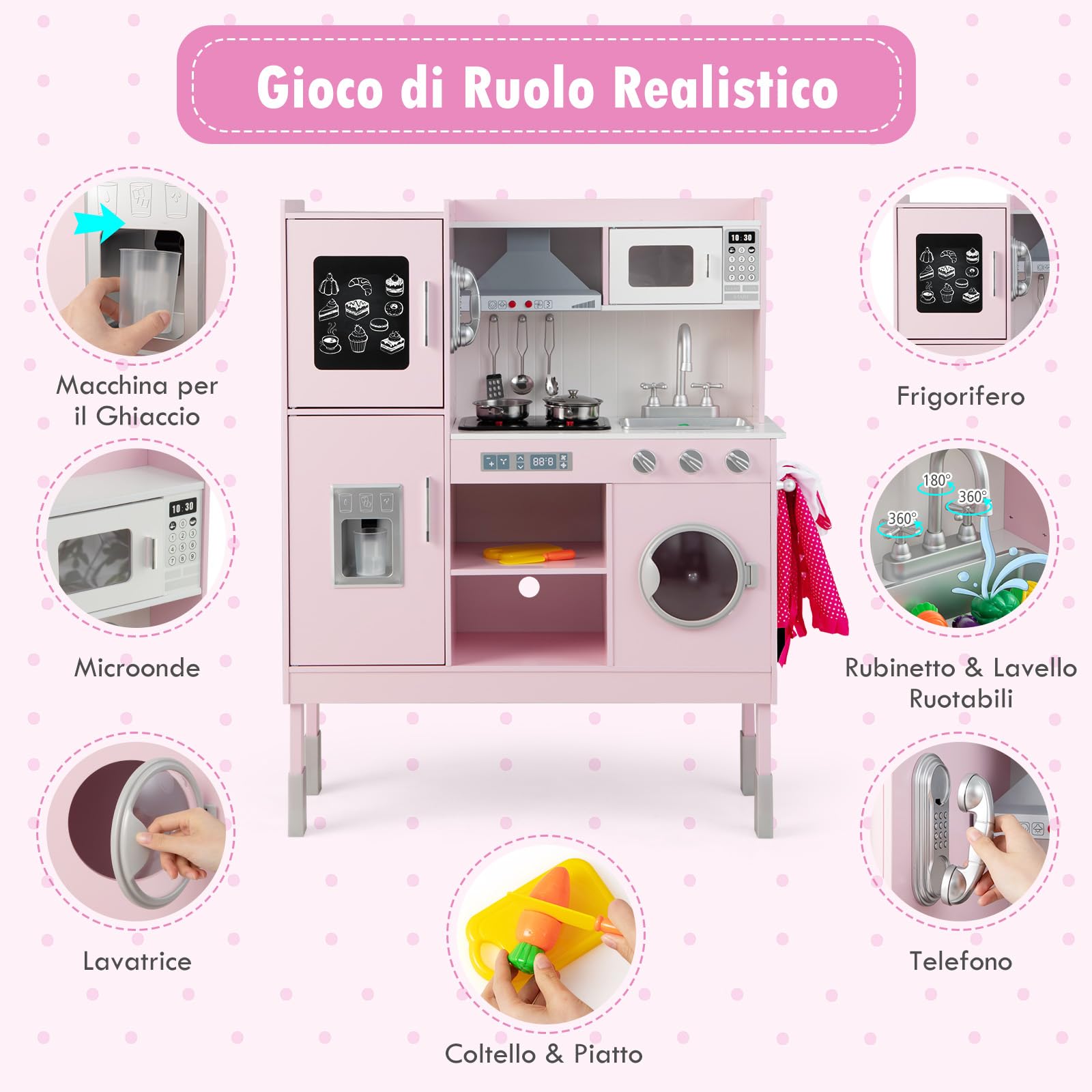 RELAX4LIFE Cucina Giocattolo in Legno per Bambini, Mini Cucina con Luci e Suoni Reali, Altezza Regolabile 97/101/103cm, Set di Cucina per Bambini 3-8 Anni (Lussuosa)