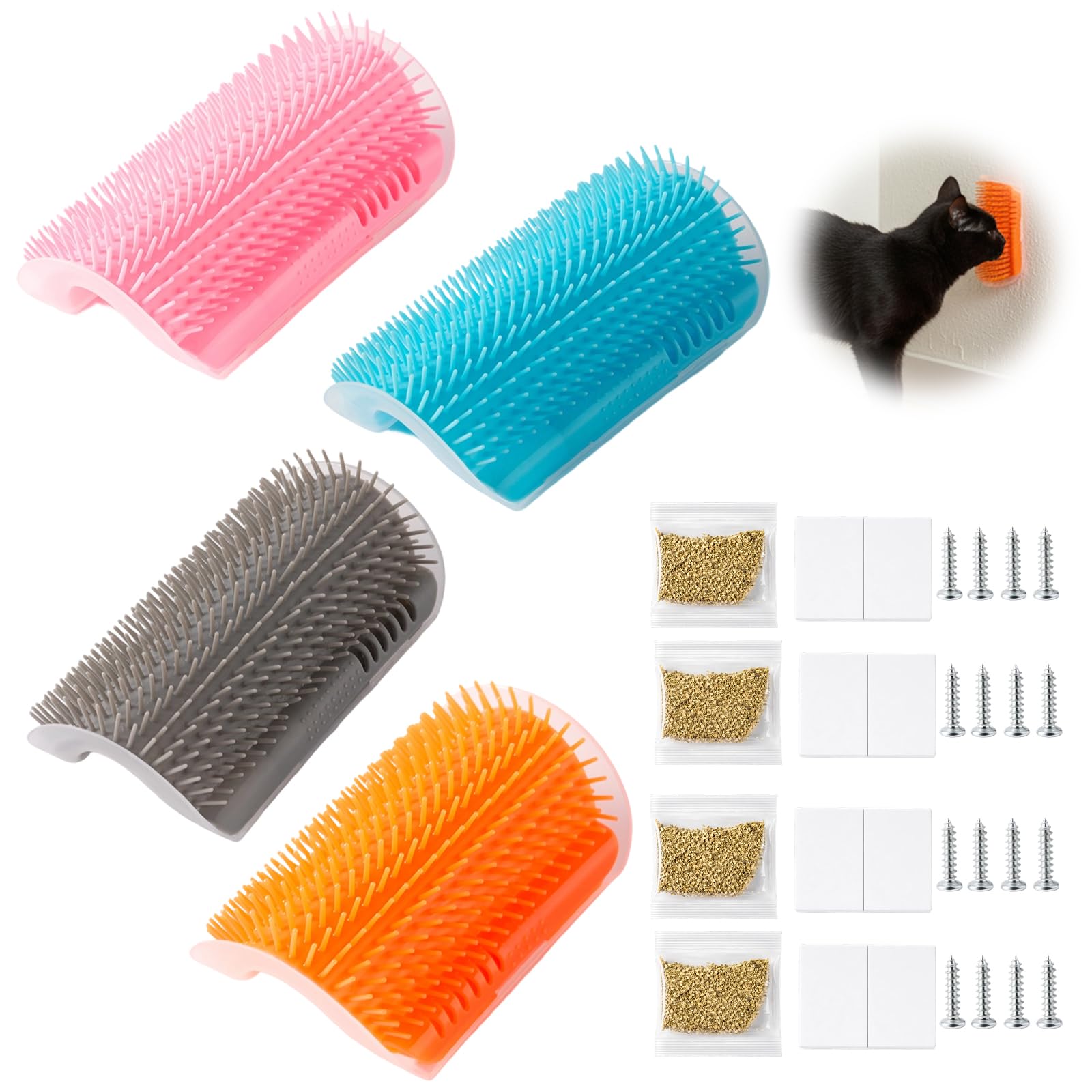 4 Pack Cat Face Scratcher, cat Corner Brush, 16 Adhesive Strips and 16 Screws for Easy Installation, Soft Silicone Material for Comfortable Grooming, Ideal for Furniture and Wall Corners