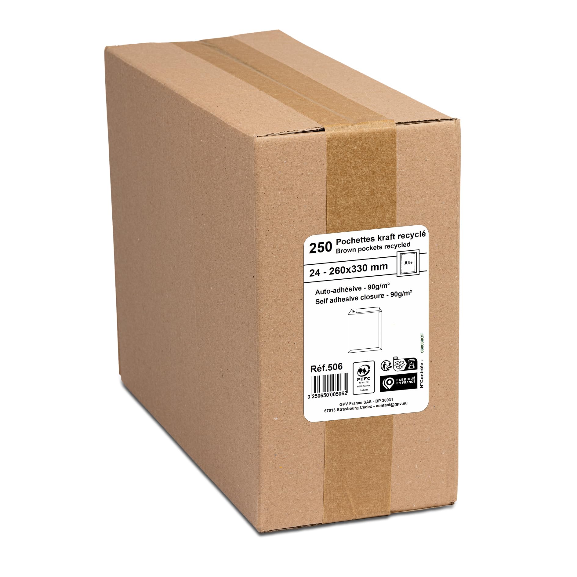 GPV Boite de 250 Pochettes d'expédition 24: 260 x 330 mm kraft 90g Brun