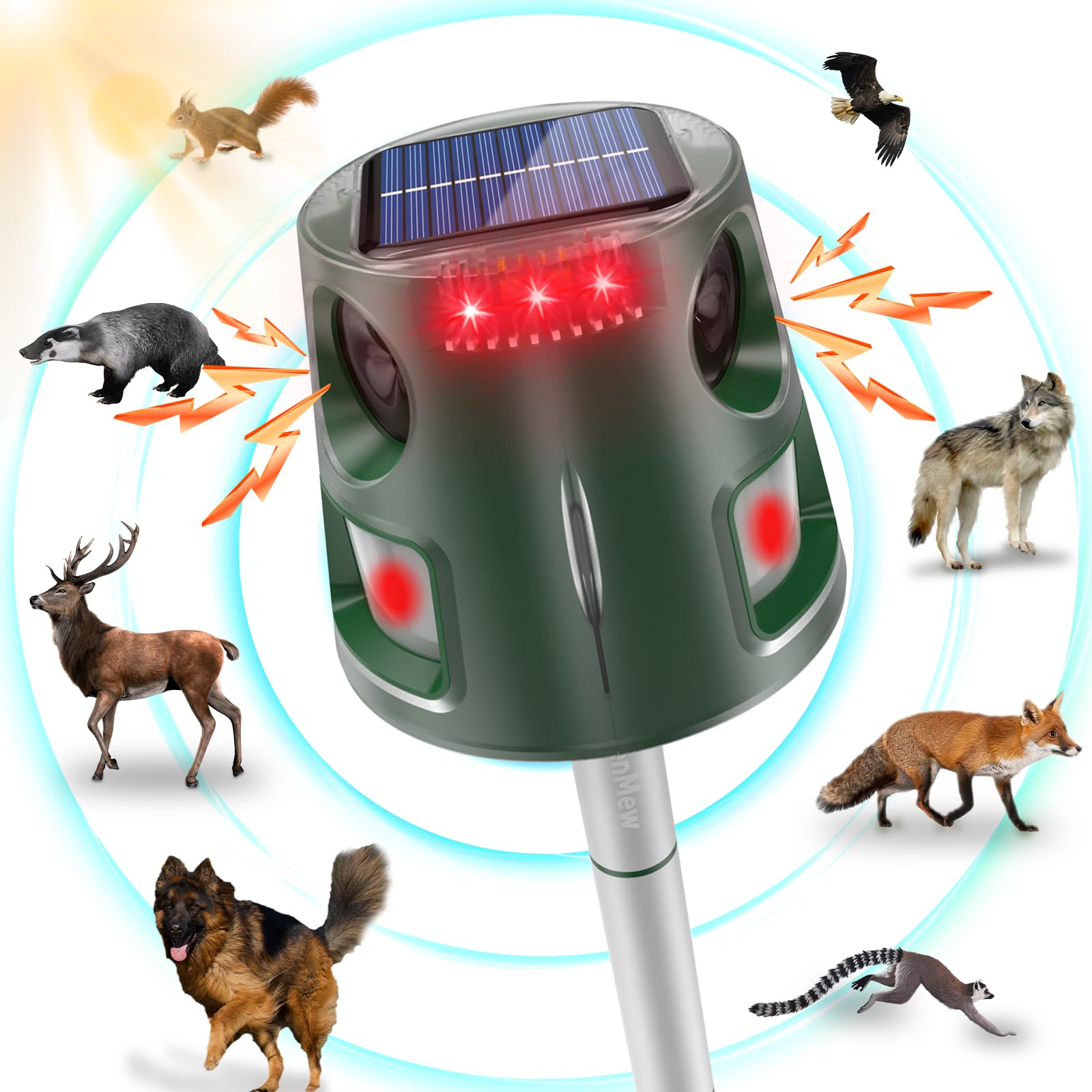 Repelente Gatos Esterni, 360° Repelente Solar de Animales Ultrasónico, 5 Modos Repelente de Topos para Uso al Aire Libre, Ratones, Perroas, Pájaros