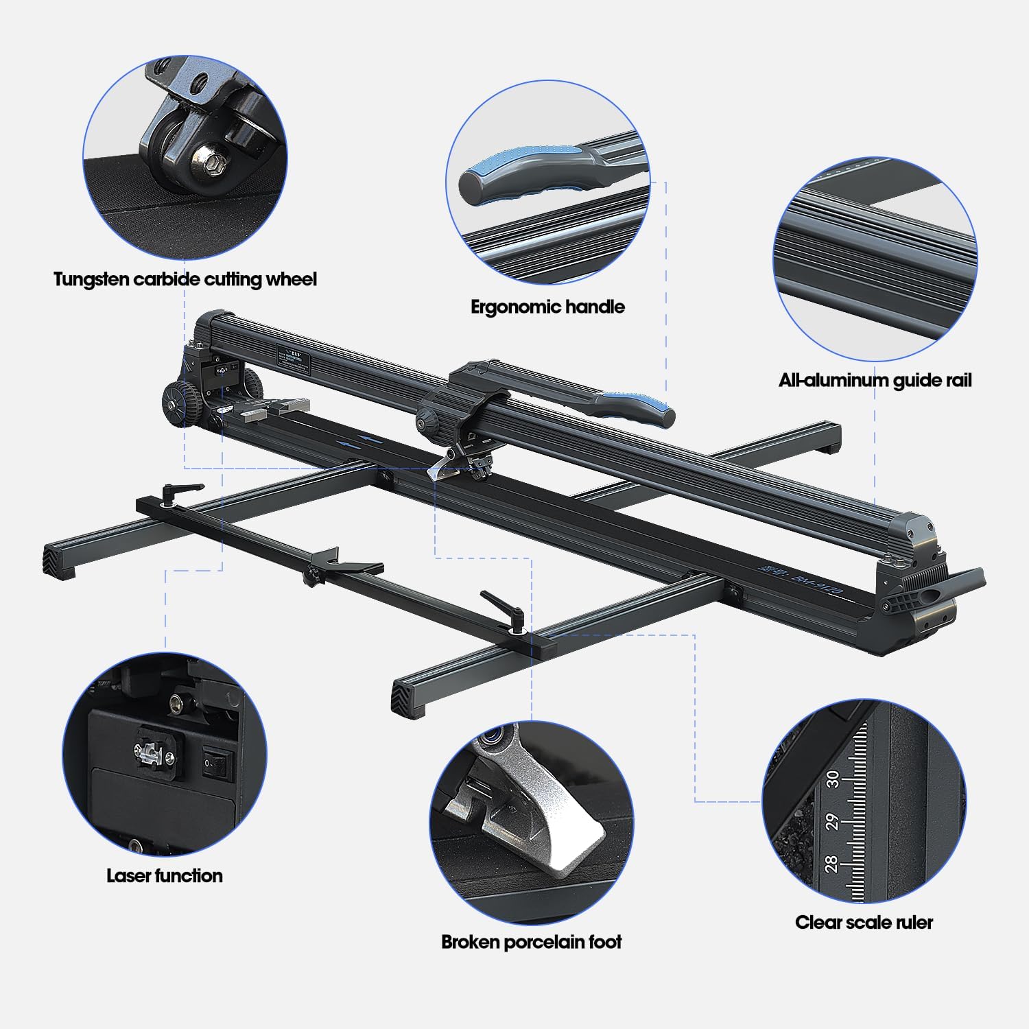 Ręczny Nóż do Płytek 120 cm - Laserowe Wyrównanie, Wzmocniona Rama ze Stopu & Sterowanie Magnetyczne - Cięcie Płytek/Kamienia do 15 mm, Wąska Podstawa z Chowanymi Kółkami