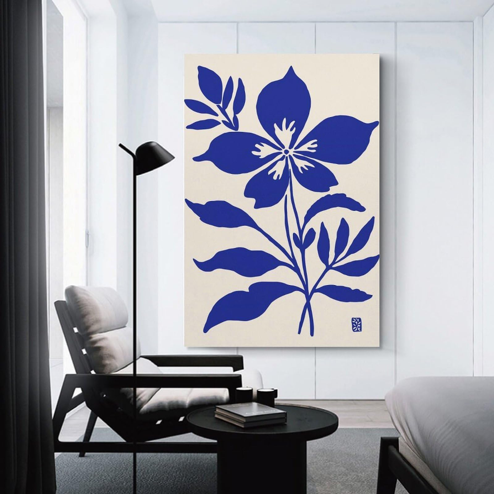 Junmoney Hanging Wall Art Blue Flower Illustration on Beige Background, 08x12inch(20x30cm), for Contemporary Homes, Apartments Or Offices, Stylish Wall Art for Fresh Spaces