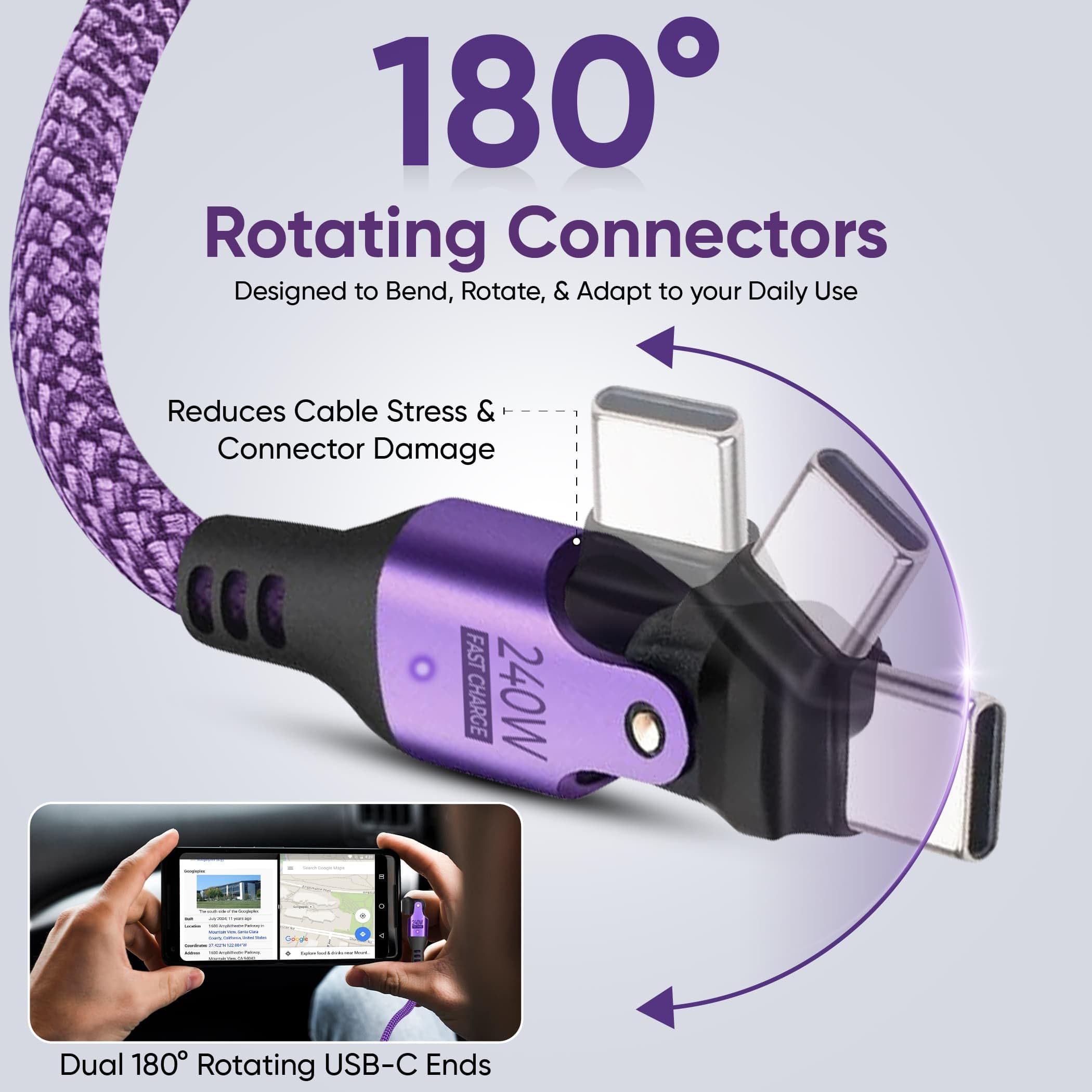 USB Cable Type C to C 180° Rotation PD 240W (2- Pack 6+6ft) USB2.0 480MBPS & Data Transfer Cable Phone Charge Cord for Type C Devices (Purple): 3FT X2 Purple
