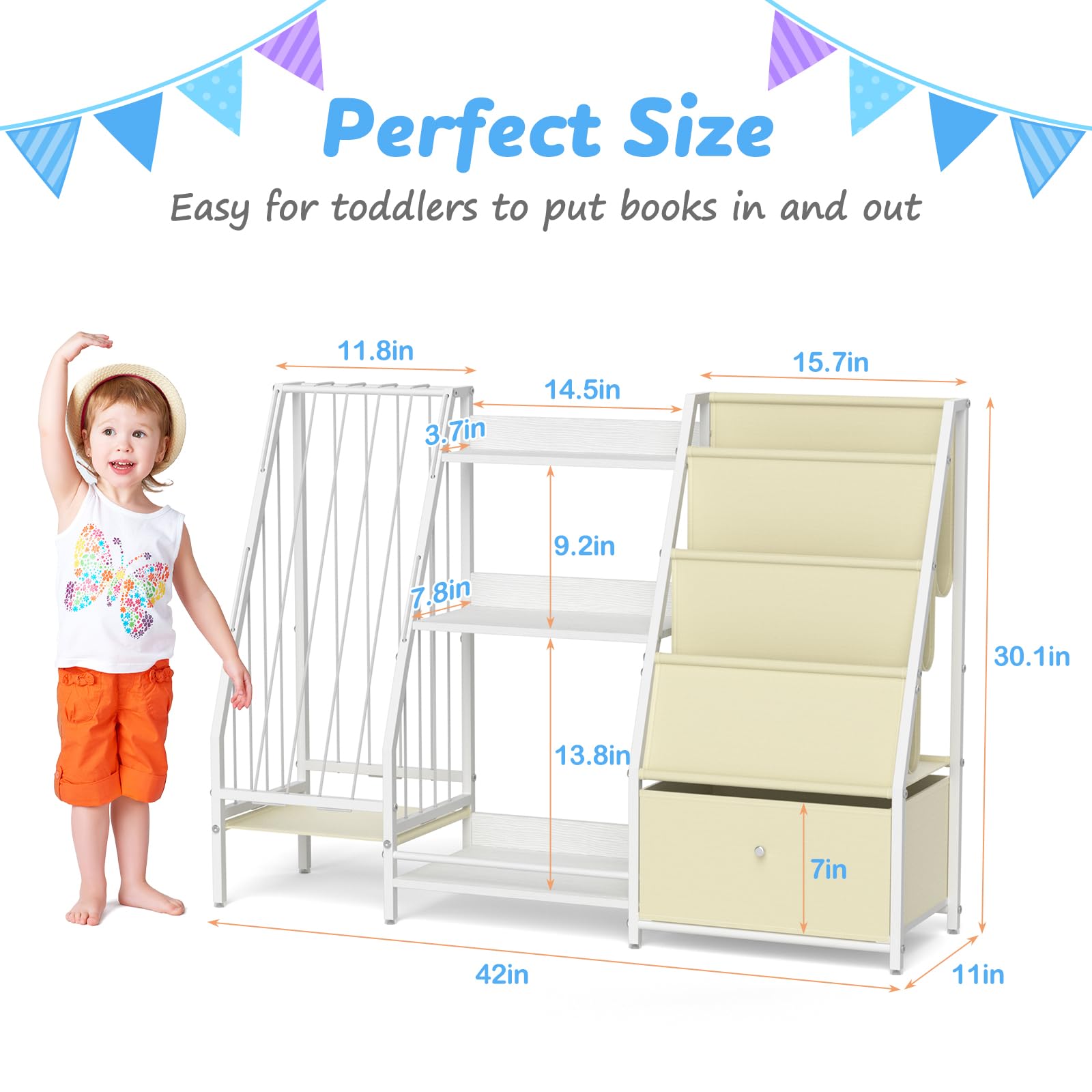 ikkle Kids Bookshelf and Toy Storage, 3 Tier Kids Bookcase, Sling Book Shelf and Stuffed Animal Storage, Toddler Montessori Bookshelf with Toy Organizer for Kids Rooms, Bedroom, Playroom, Nursery