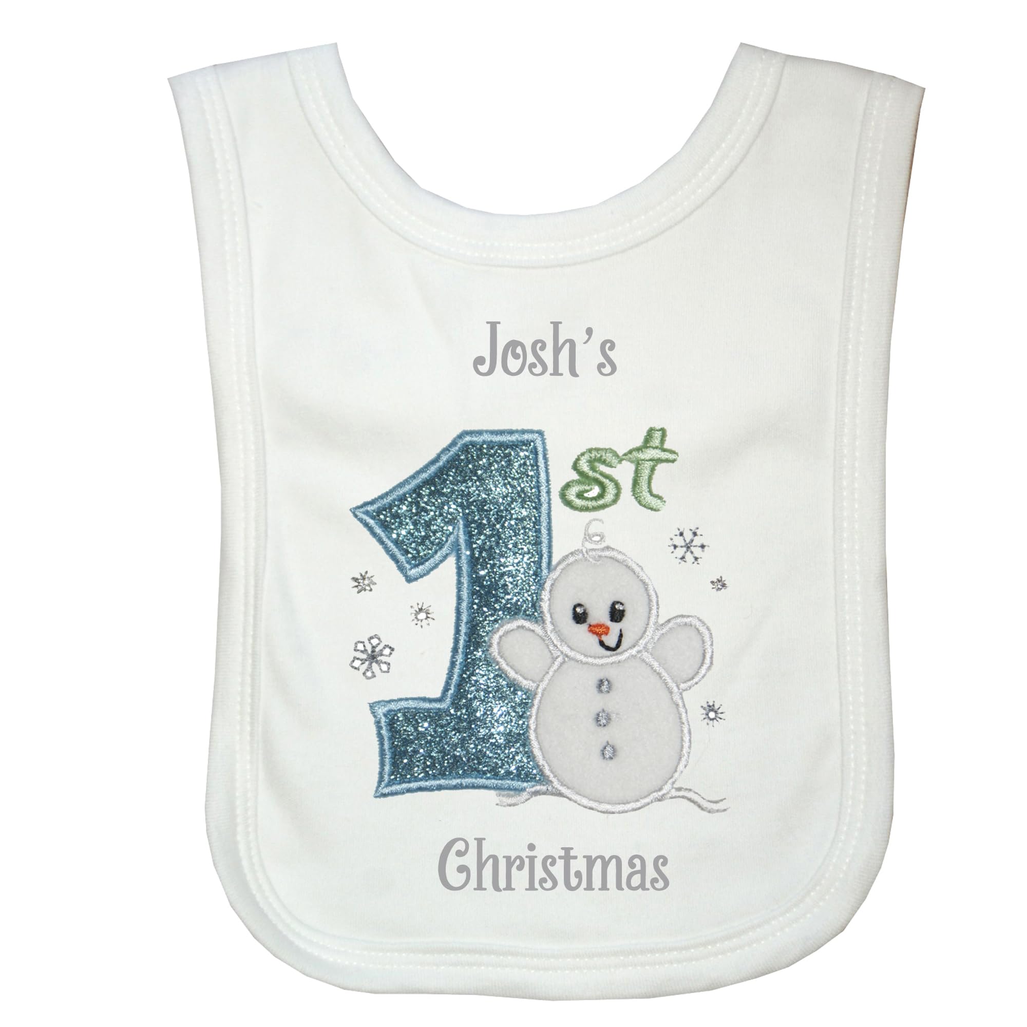 Oh Sew Simple Boys Baby Snowman Personalised 1st Christmas Bib - Embroidered with the name of your choice (11 Letters Max) (White Bib)