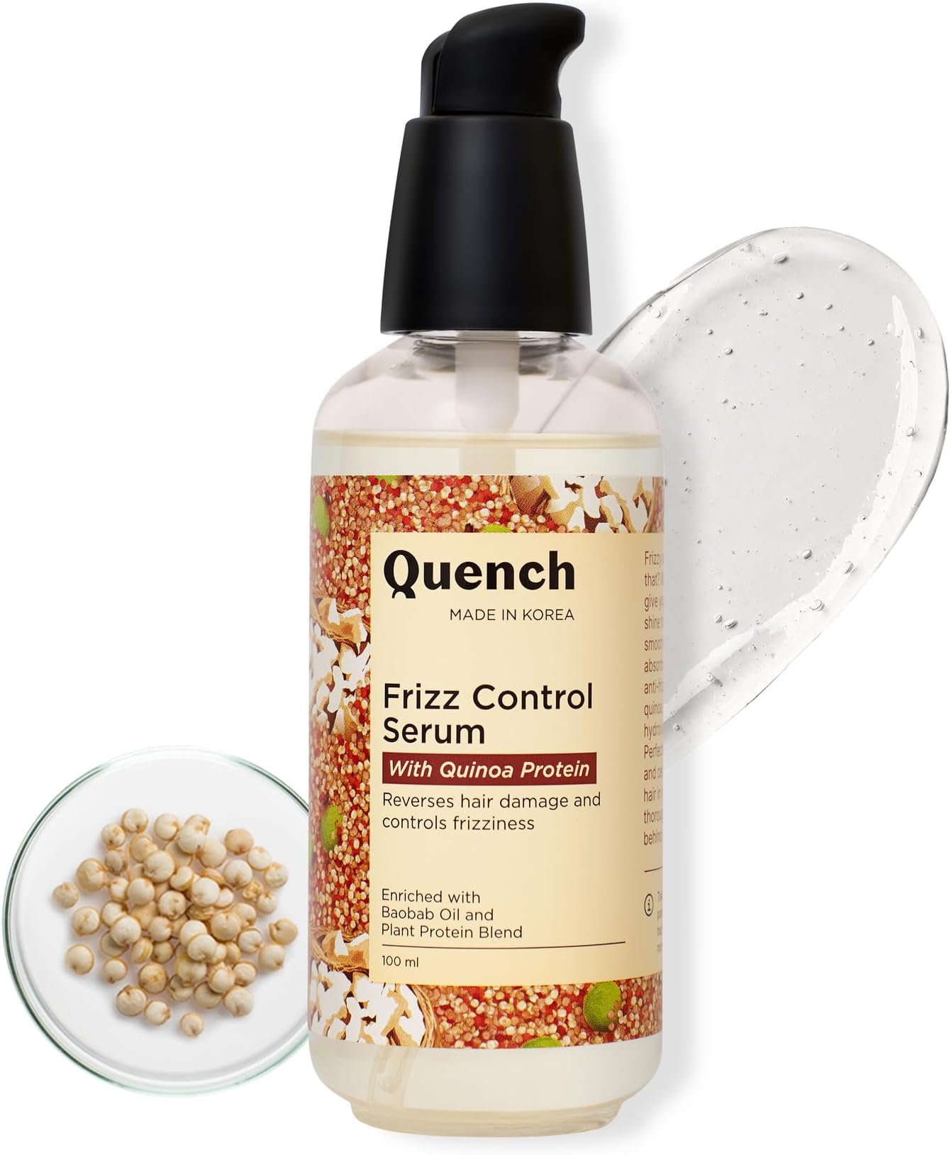 QUENCH Frizz Control Serum With Quinoa Protein & Ceramides, Hair Serum For Dry, Damaged & Frizzy Hair, Smoothes Frizz, Tames Flyaways & Repairs Hair Damage, Made In Korea (100Ml)