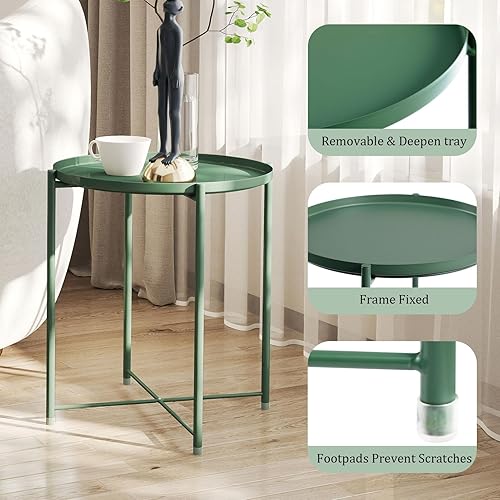Miniatura 4 de Hollyhome - Mesa auxiliar de charola de metal, para sofá, mesa pequeña redonda, anticorrosión e impermeable para exteriores e interiores, mesa para