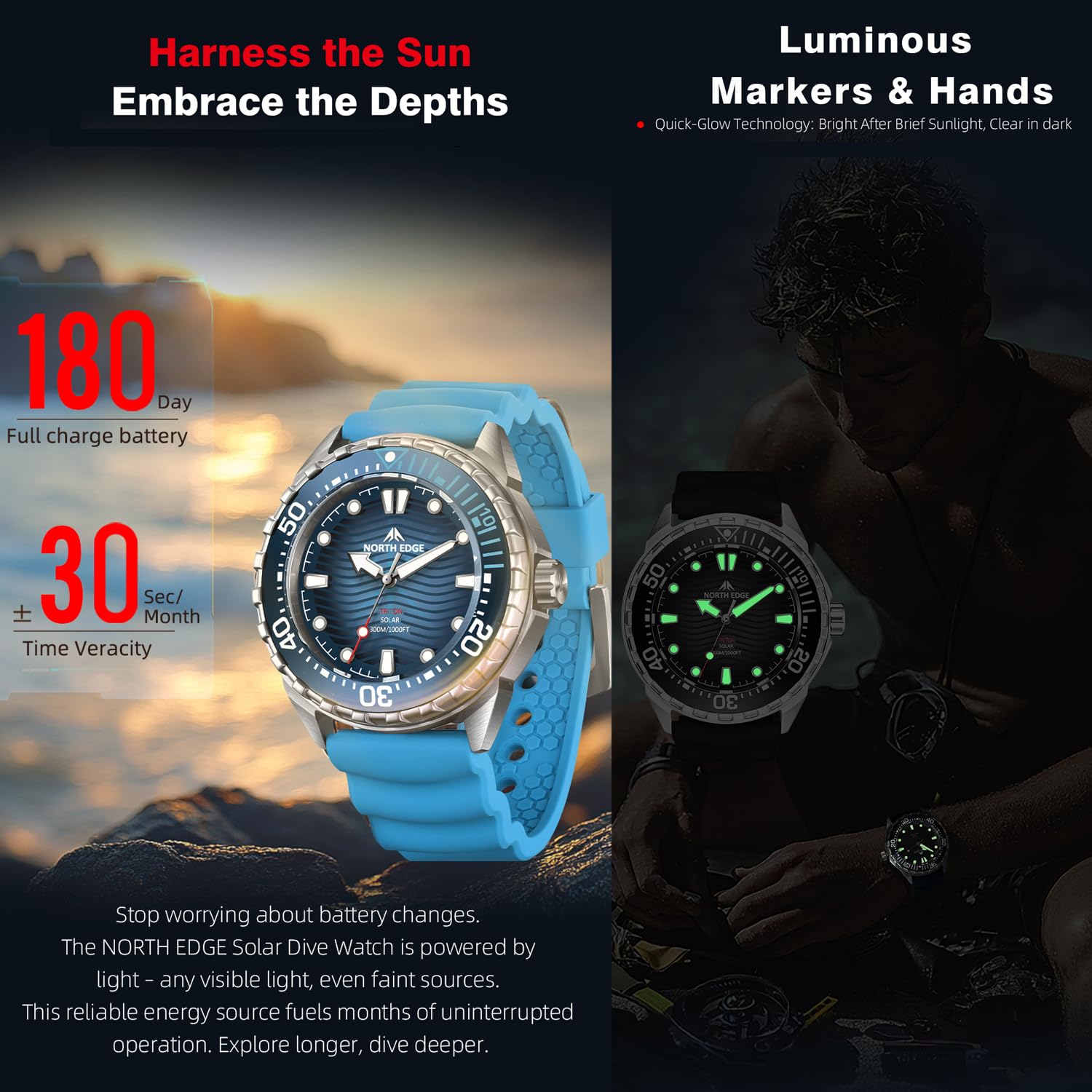 Orologio da uomo a energia solare, resistente all'acqua fino a 300 m, in acciaio inox, cinturino in acciaio 316L, orologio analogico al quarzo per immersioni e uso quotidiano